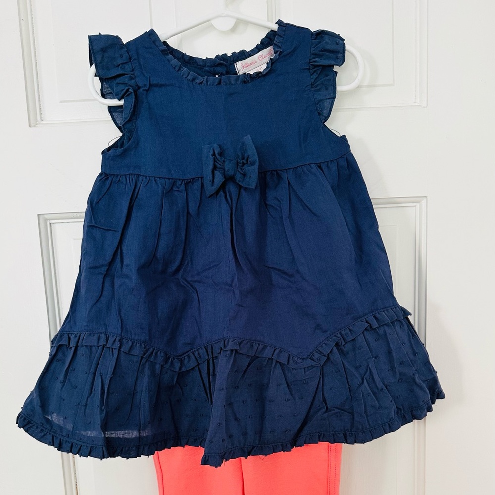 Navy Ruffle Dress with Coral Leggings Set
